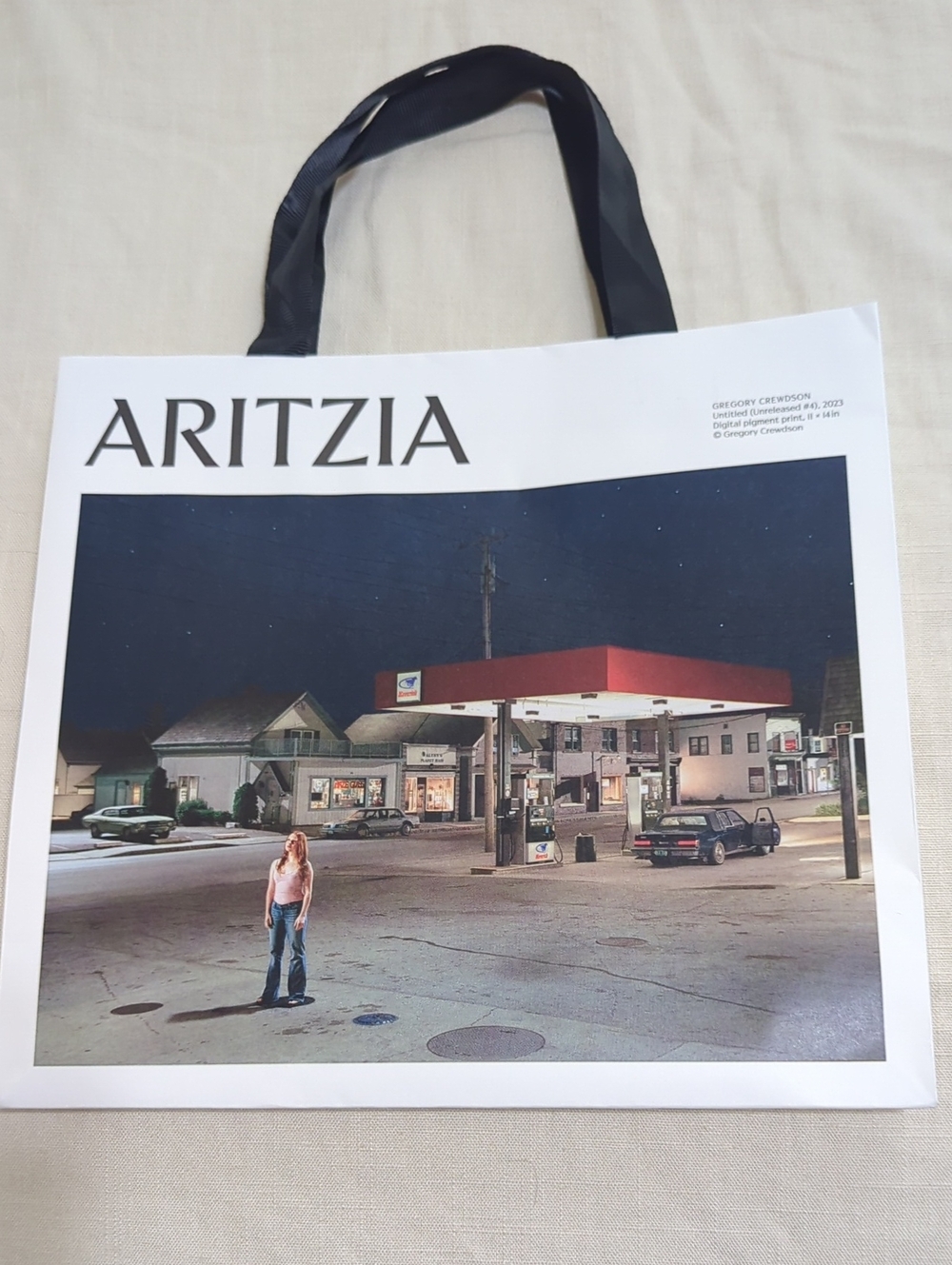 Aritzia White Shopper Tote with Black Handles and Color Image Panel